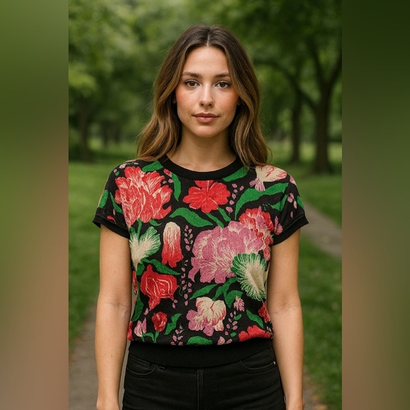 Anthropologie Maeve Sweater Blouse Size XS Color Black PInk Green Red - Picture 1 of 6